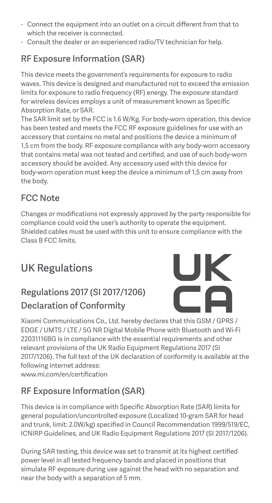 Uk regulations, Rf exposure information (sar) | Xiaomi Redmi Note 11S 5G User Manual | Page 8 / 26