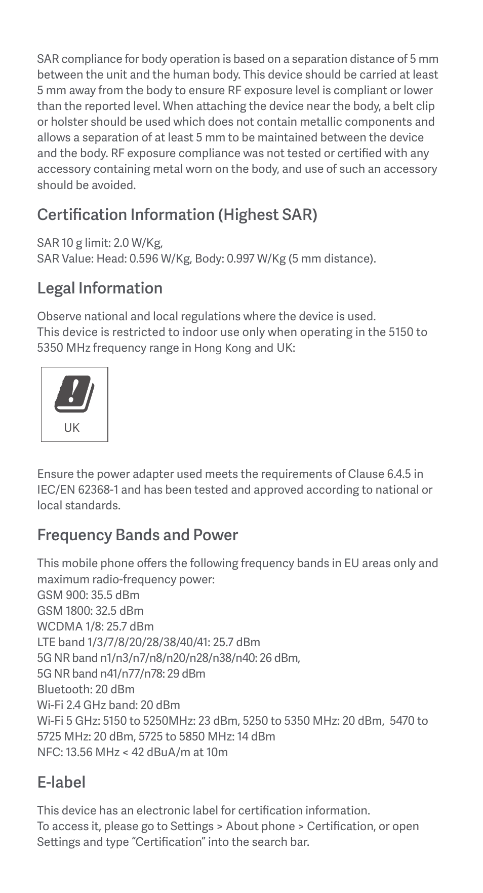 Certification information (highest sar), Legal information, Frequency bands and power | E-label | Xiaomi Redmi Note 11S 5G User Manual | Page 9 / 26