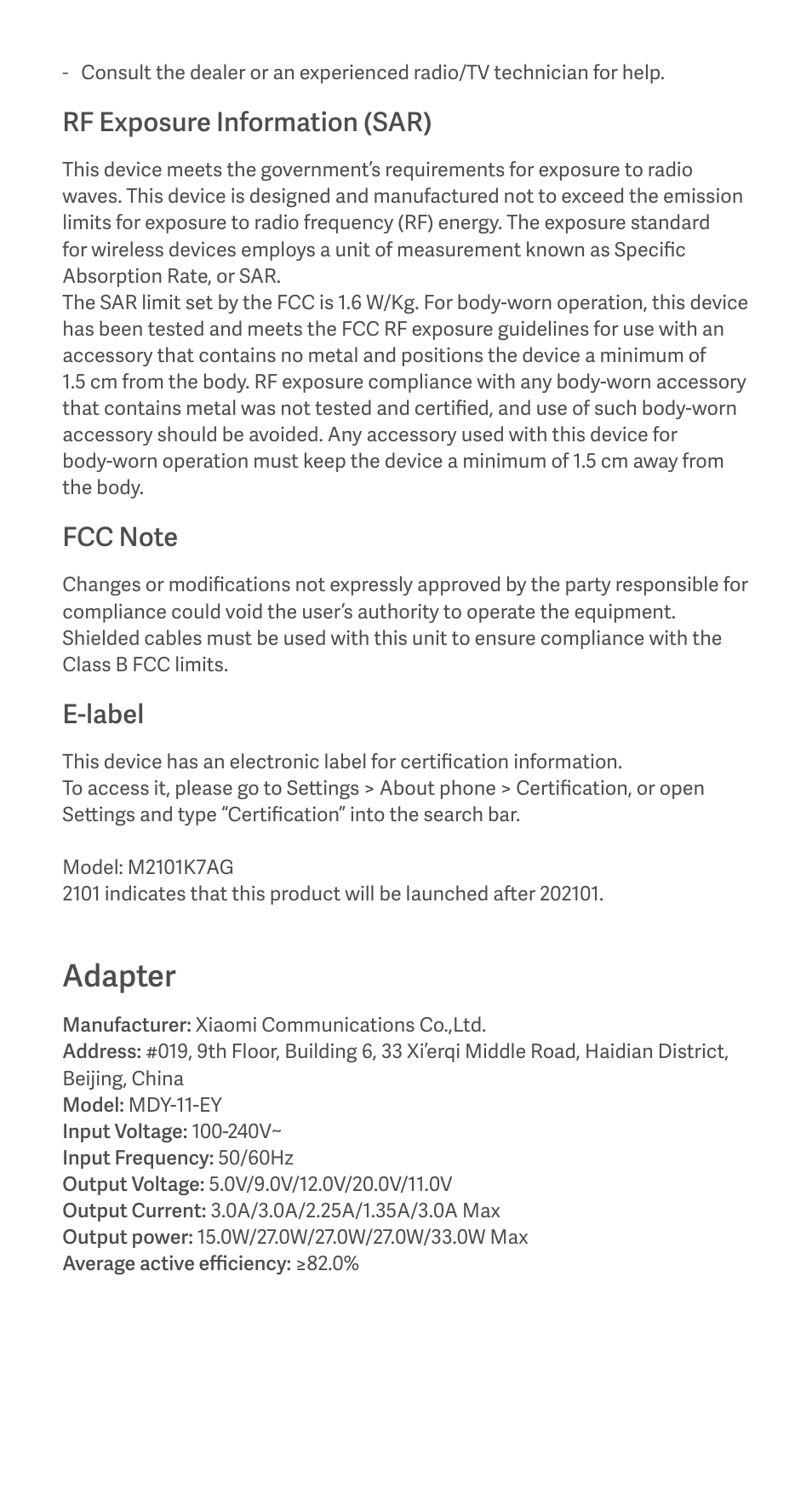 Adapter, Rf exposure information (sar), E-label | Xiaomi Redmi Note 10 User Manual | Page 8 / 25