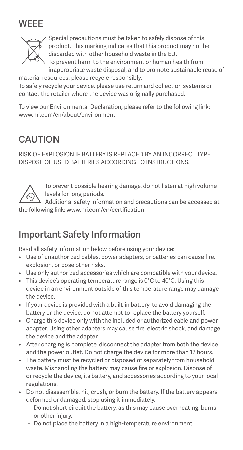 Weee, Caution, Important safety information | Xiaomi Redmi Note 10S User Manual | Page 4 / 25