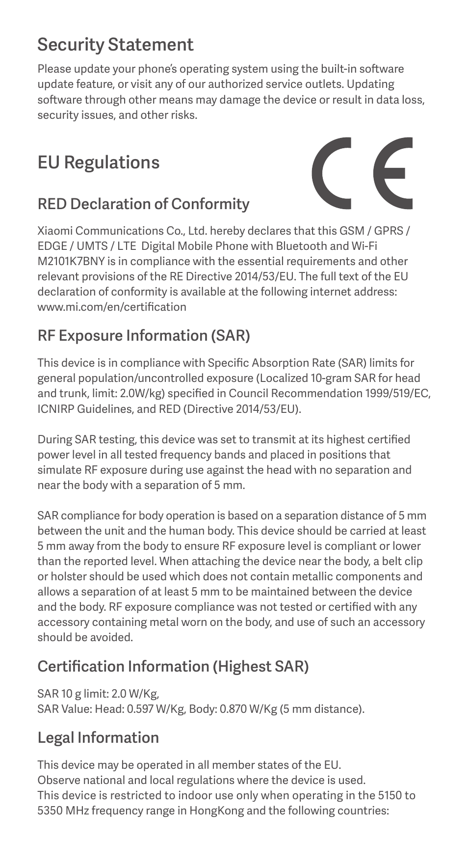 Security statement, Eu regulations, Red declaration of conformity | Rf exposure information (sar), Certification information (highest sar), Legal information | Xiaomi Redmi Note 10S User Manual | Page 6 / 25