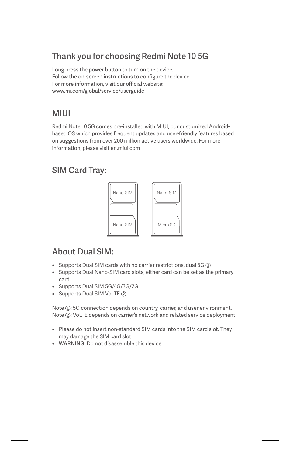 Miui, Sim card tray, About dual sim | Xiaomi Redmi Note 10 5G User Manual | Page 3 / 26