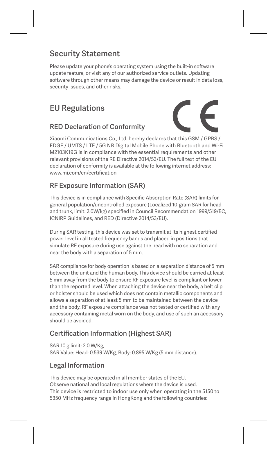 Security statement, Eu regulations, Red declaration of conformity | Rf exposure information (sar), Certification information (highest sar), Legal information | Xiaomi Redmi Note 10 5G User Manual | Page 6 / 26