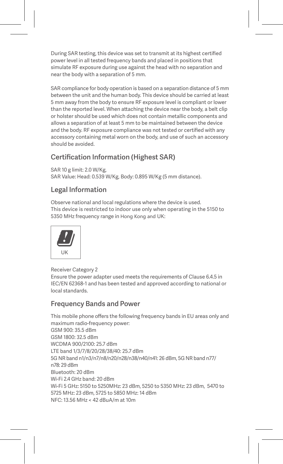 Certification information (highest sar), Legal information, Frequency bands and power | Xiaomi Redmi Note 10 5G User Manual | Page 9 / 26