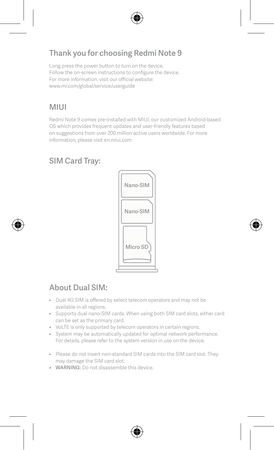 Miui, Sim card tray, About dual sim | Xiaomi Redmi Note 9 User Manual | Page 3 / 8