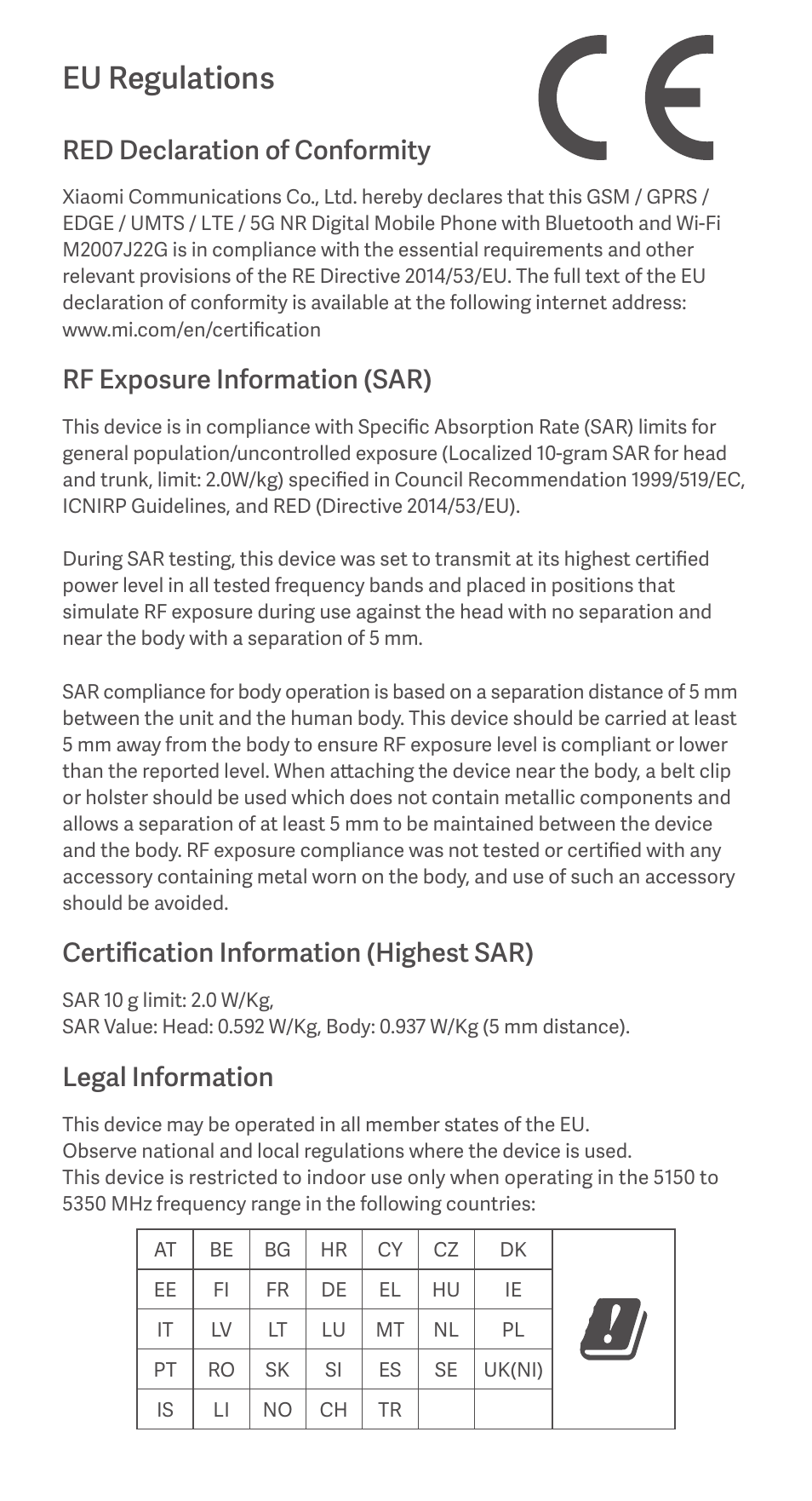 Eu regulations, Red declaration of conformity, Rf exposure information (sar) | Certification information (highest sar), Legal information | Xiaomi Redmi Note 9T User Manual | Page 6 / 17