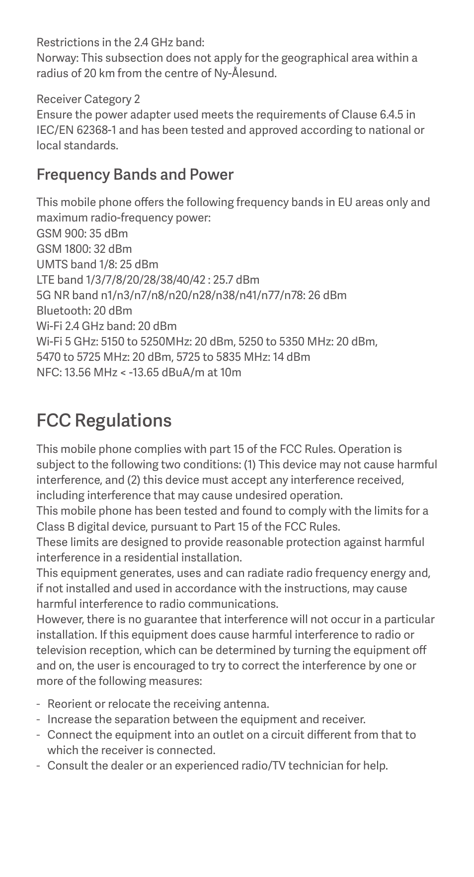 Fcc regulations, Frequency bands and power | Xiaomi Redmi Note 9T User Manual | Page 7 / 17