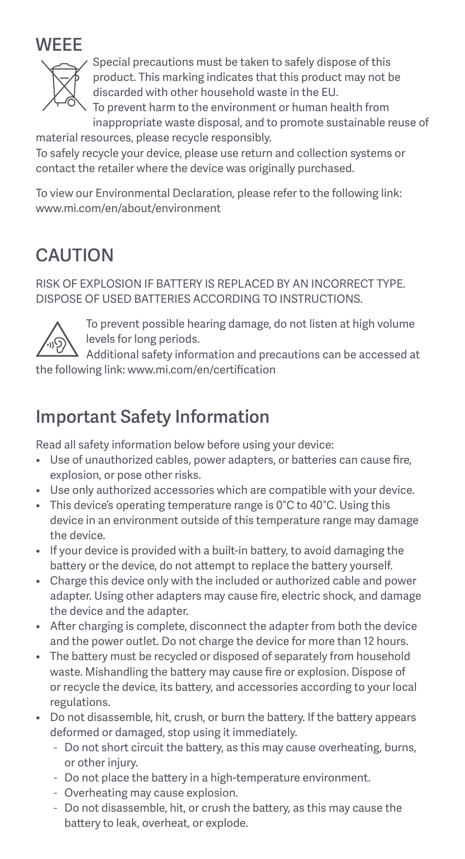 Weee, Caution, Important safety information | Xiaomi Redmi 9C User Manual | Page 4 / 23