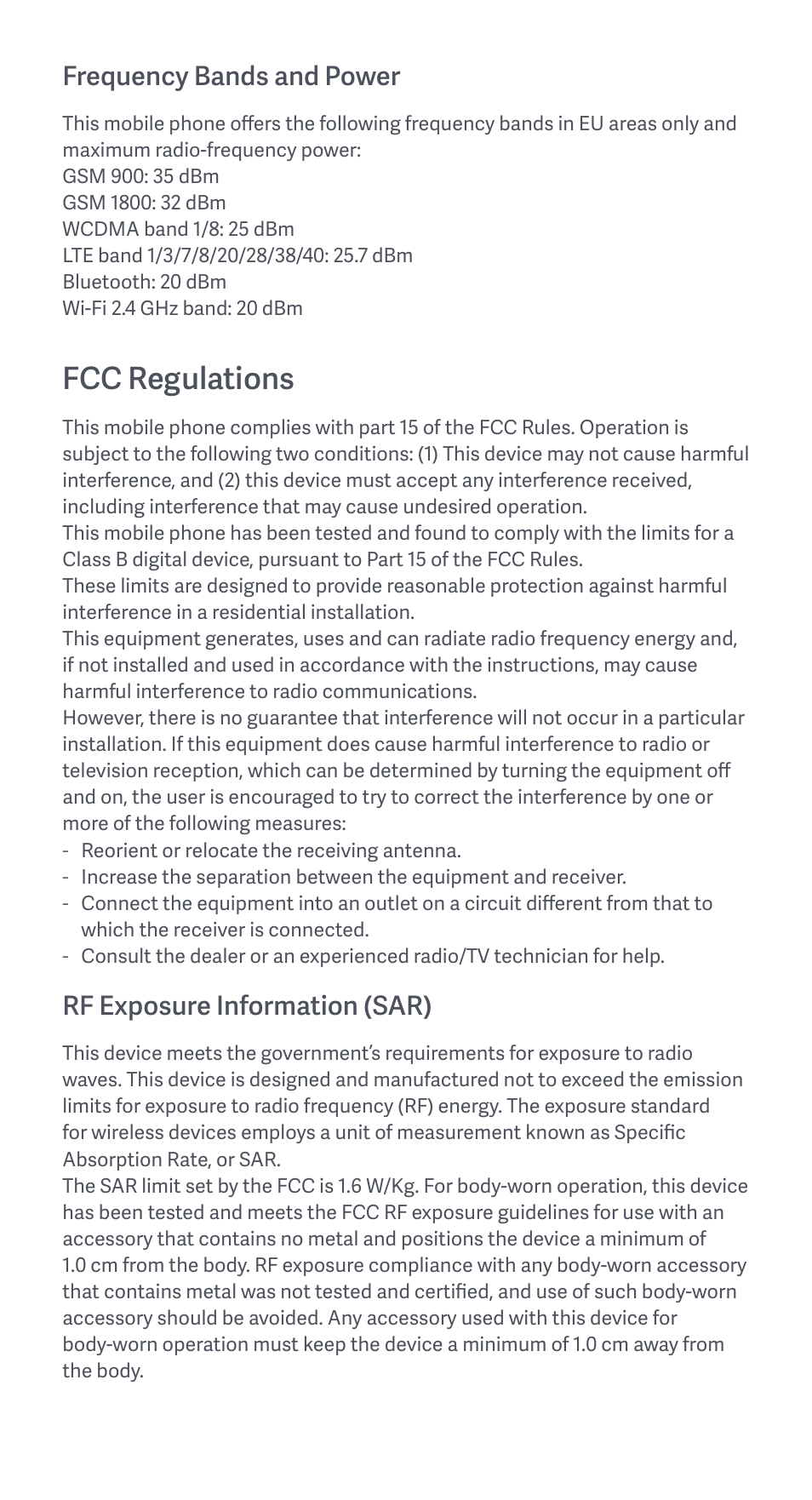 Fcc regulations, Frequency bands and power, Rf exposure information (sar) | Xiaomi Redmi 9C User Manual | Page 7 / 23