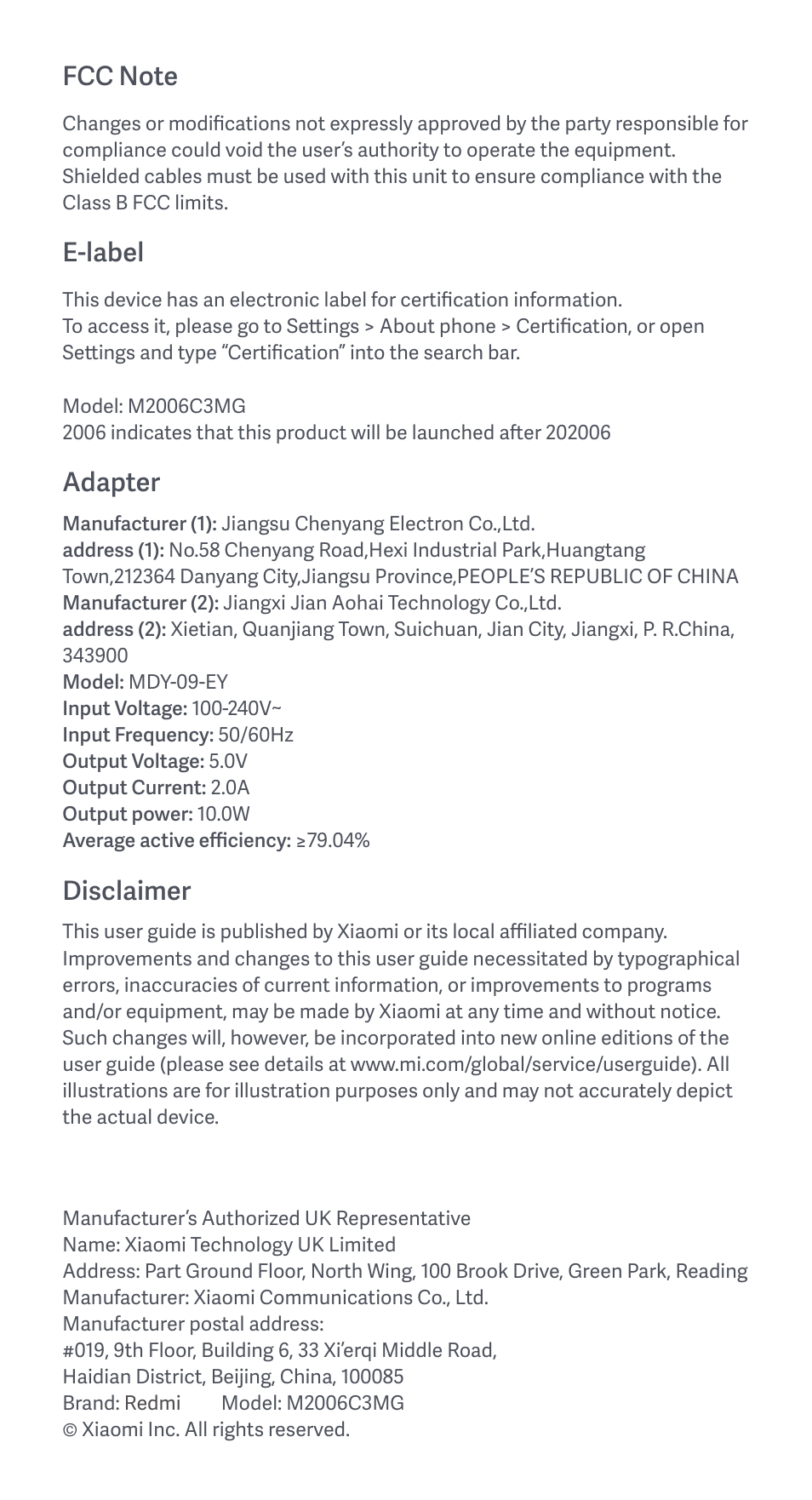 E-label, Adapter, Disclaimer | Xiaomi Redmi 9C User Manual | Page 8 / 23