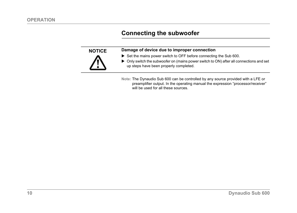 Connecting the subwoofer, Operation | Dynaudio SUB 600 User Manual | Page 13 / 42