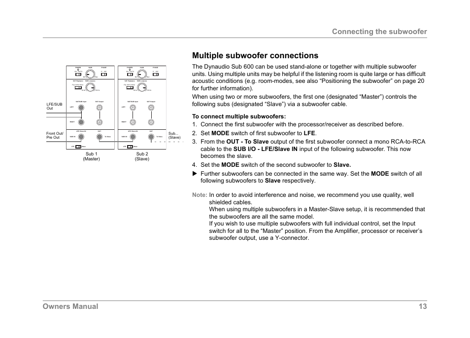 Multiple subwoofer connections, Owners manual 13 connecting the subwoofer, Sub 1 (master) sub 2 (slave) | Dynaudio SUB 600 User Manual | Page 16 / 42