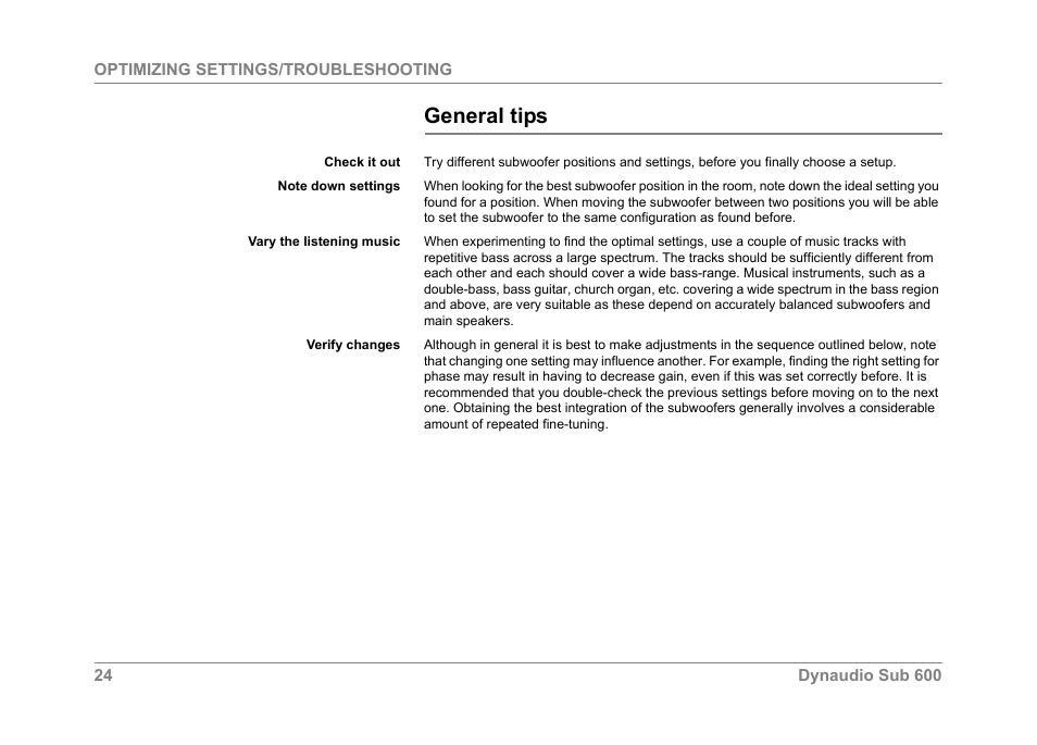 General tips, Optimizing settings/troubleshooting | Dynaudio SUB 600 User Manual | Page 27 / 42