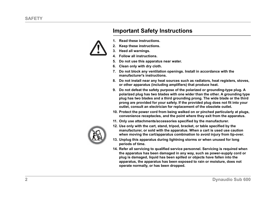 Important safety instructions, Safety | Dynaudio SUB 600 User Manual | Page 5 / 42