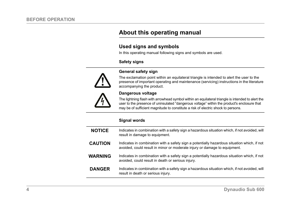 About this operating manual, Used signs and symbols, Before operation | Dynaudio SUB 600 User Manual | Page 7 / 42