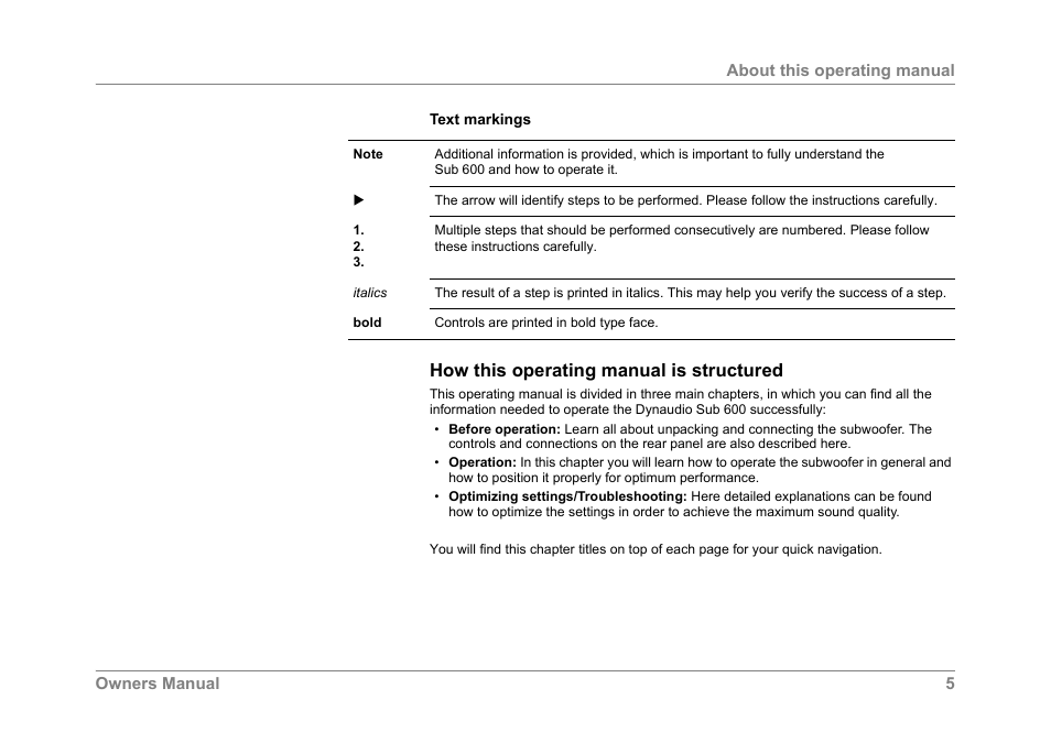 How this operating manual is structured | Dynaudio SUB 600 User Manual | Page 8 / 42