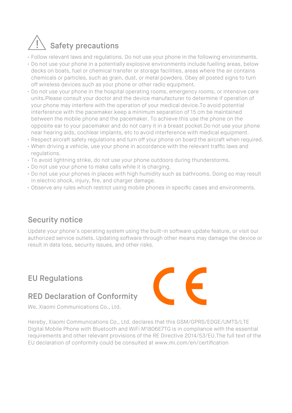 Red declaration of conformity, Eu regulations safety precautions, Security notice | Xiaomi Redmi Note 6 Pro User Manual | Page 5 / 8