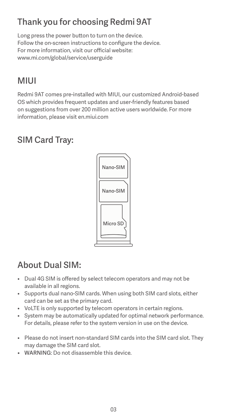 Miui, Sim card tray, About dual sim | Xiaomi Redmi 9AT User Manual | Page 3 / 9