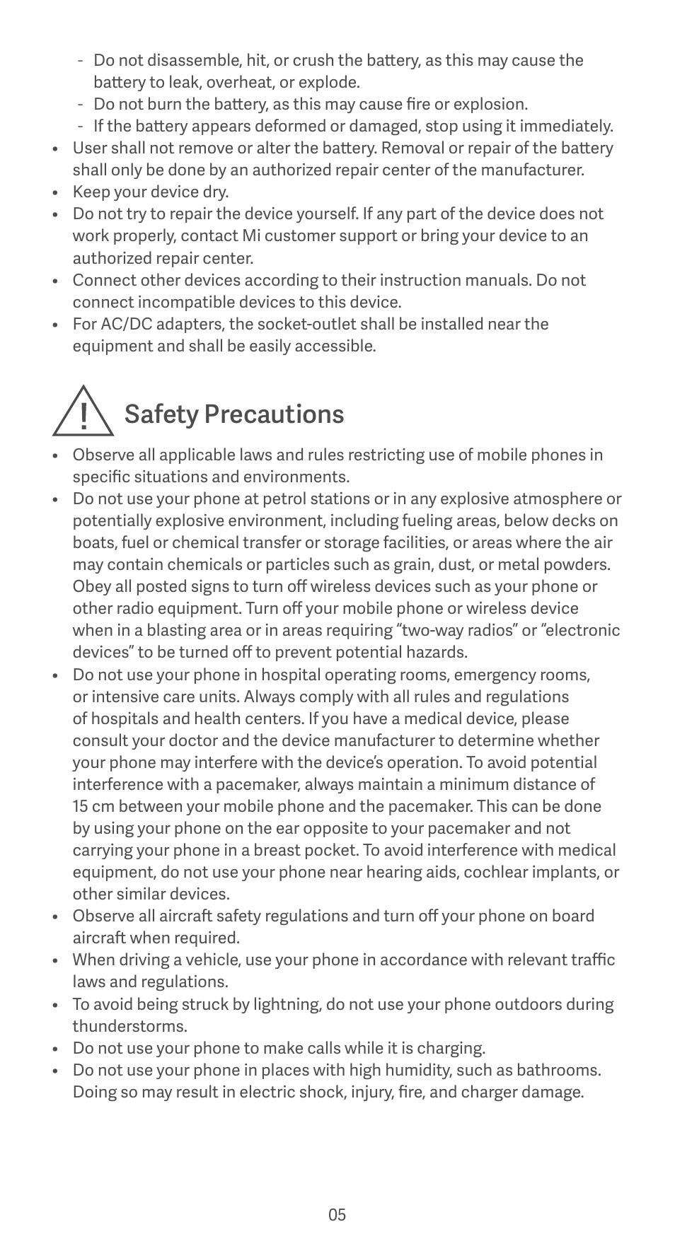 Safety precautions | Xiaomi Redmi 9AT User Manual | Page 5 / 9