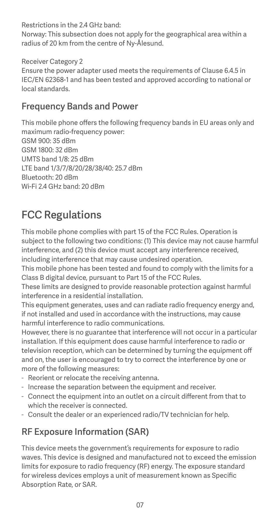 Fcc regulations, Frequency bands and power, Rf exposure information (sar) | Xiaomi Redmi 9AT User Manual | Page 7 / 9