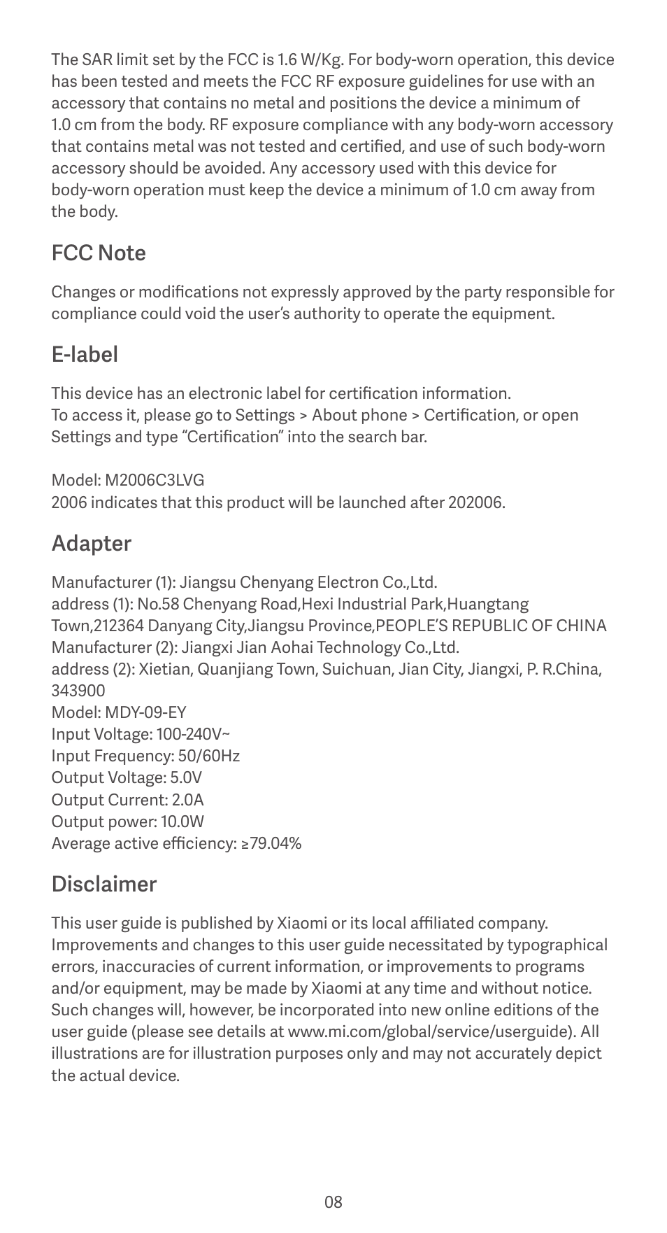 E-label, Adapter, Disclaimer | Xiaomi Redmi 9AT User Manual | Page 8 / 9