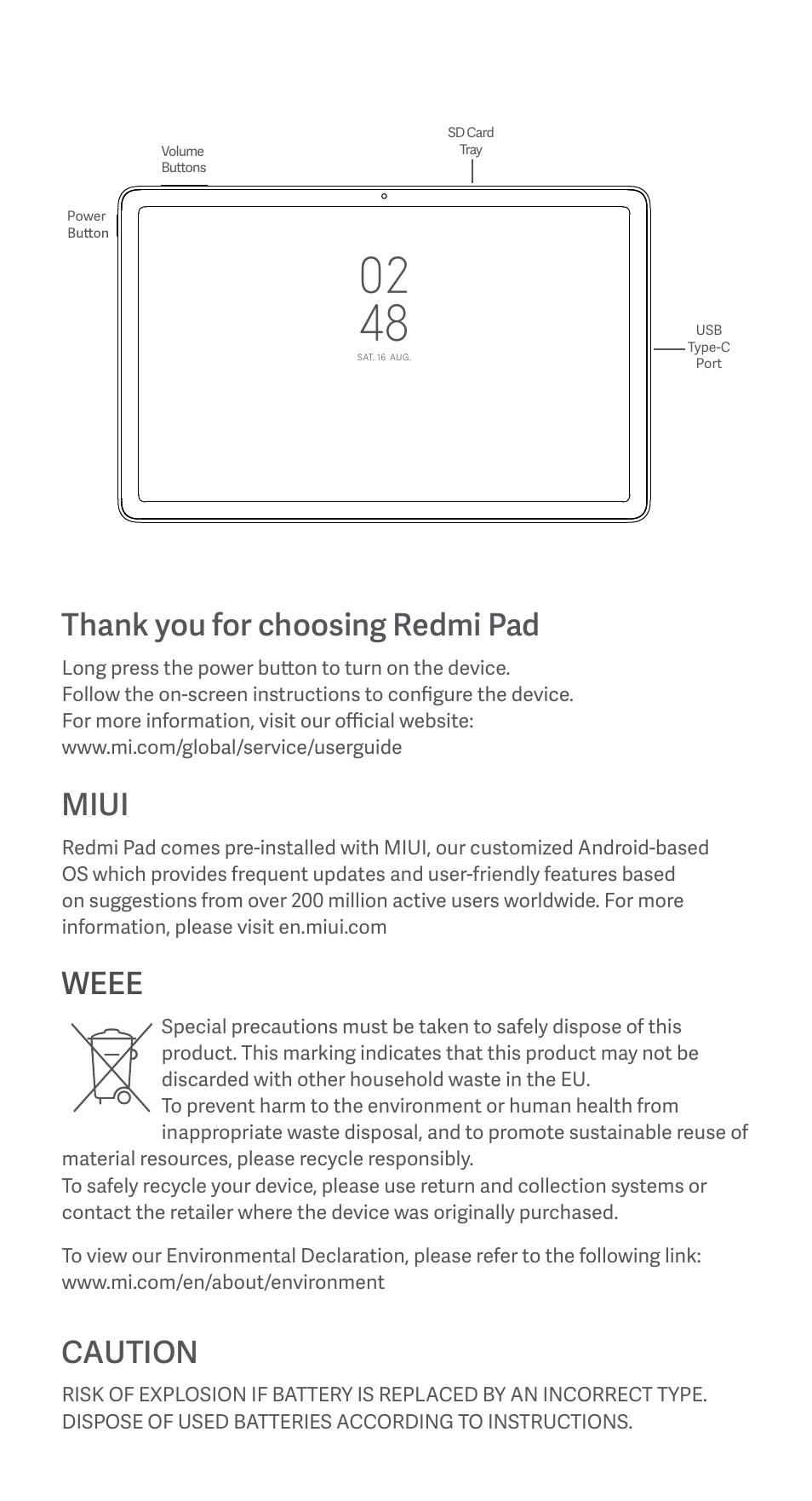 Miui, Weee, Caution | Xiaomi Redmi Pad User Manual | Page 2 / 21