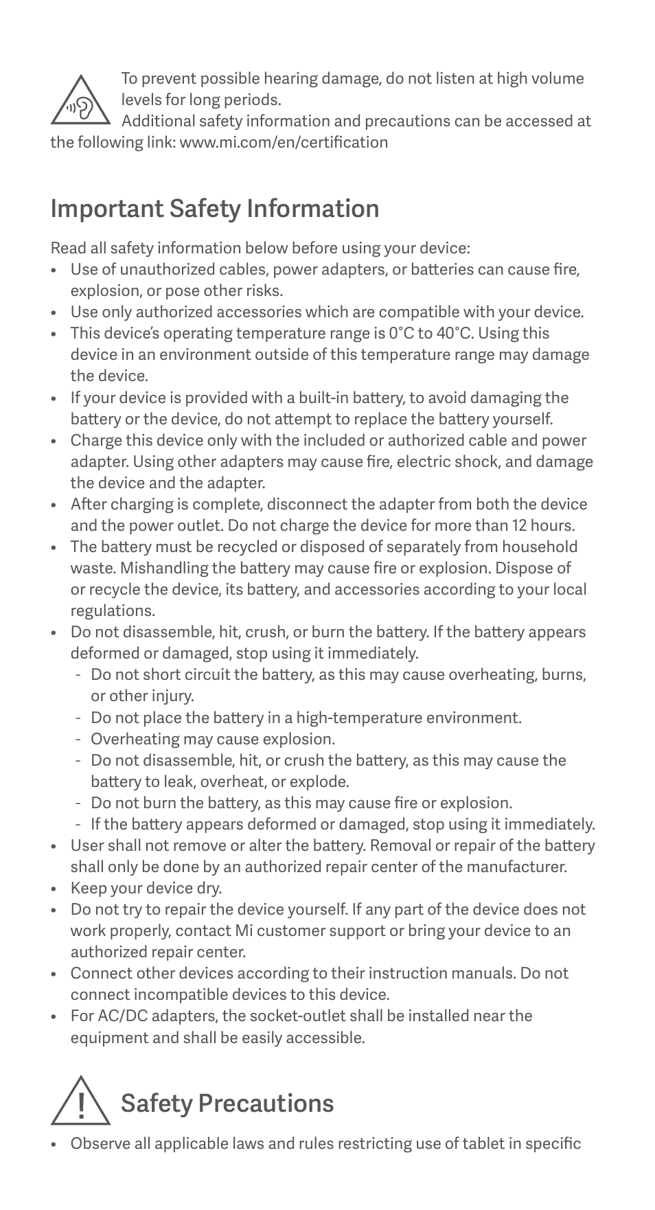 Important safety information, Safety precautions | Xiaomi Redmi Pad User Manual | Page 3 / 21