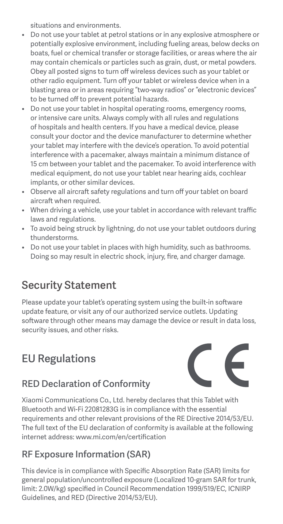 Security statement, Eu regulations, Red declaration of conformity | Rf exposure information (sar) | Xiaomi Redmi Pad User Manual | Page 4 / 21