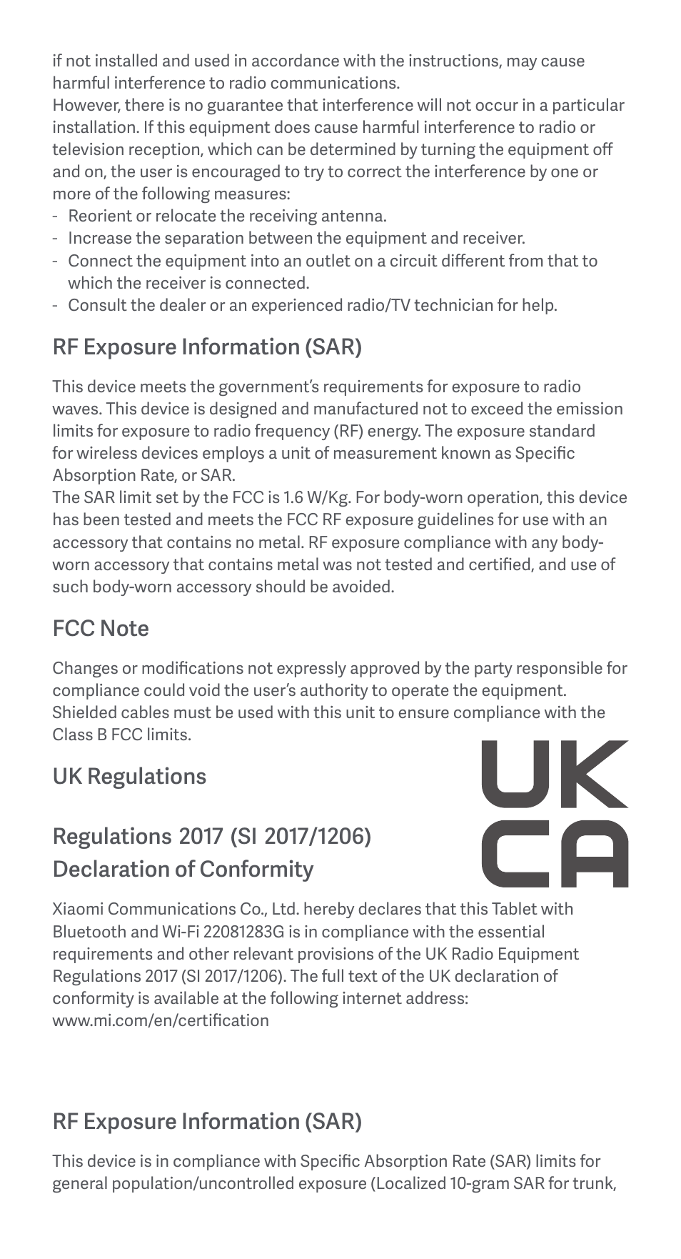 Rf exposure information (sar) | Xiaomi Redmi Pad User Manual | Page 6 / 21