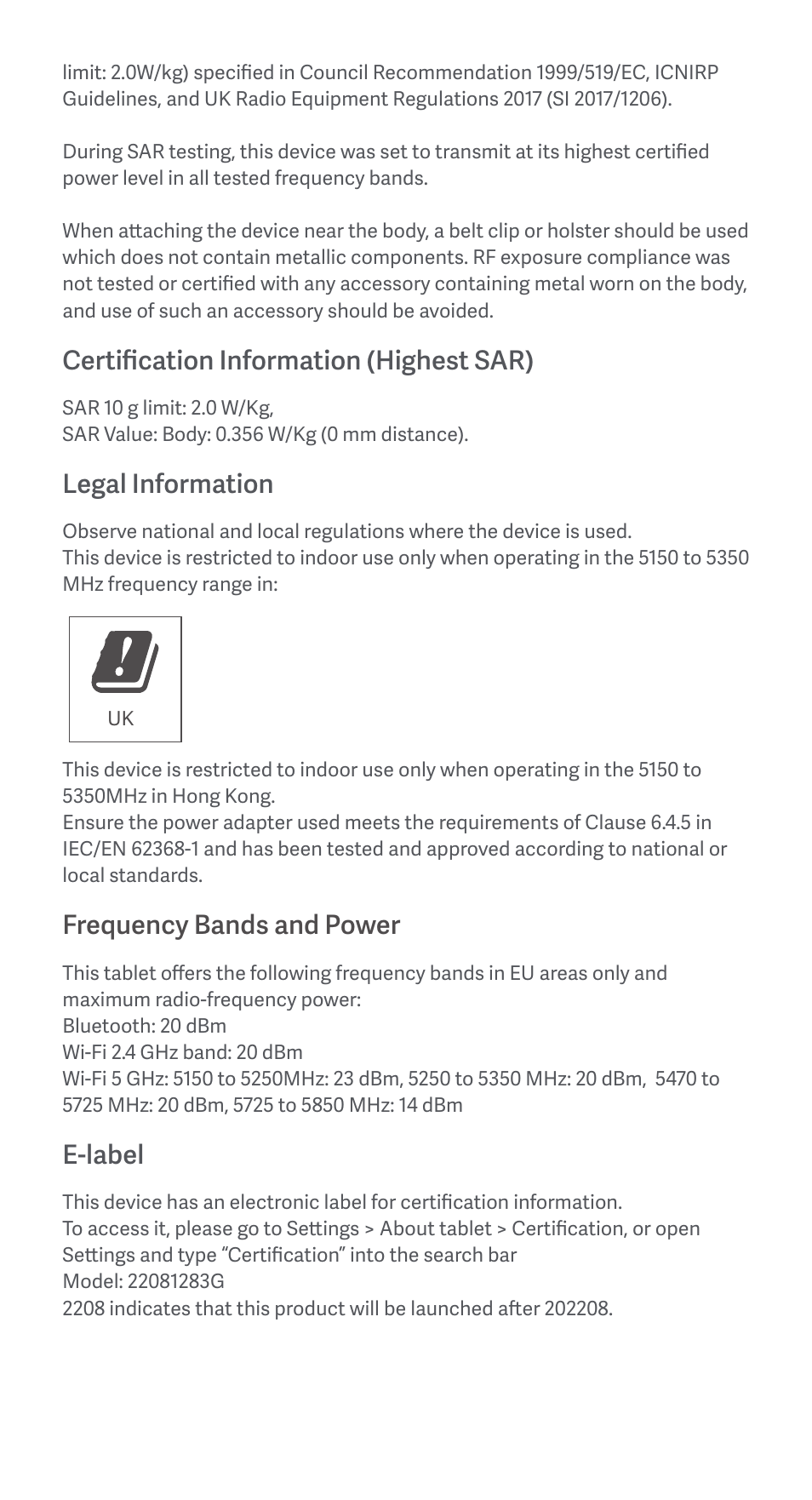 Certification information (highest sar), Legal information, Frequency bands and power | E-label | Xiaomi Redmi Pad User Manual | Page 7 / 21