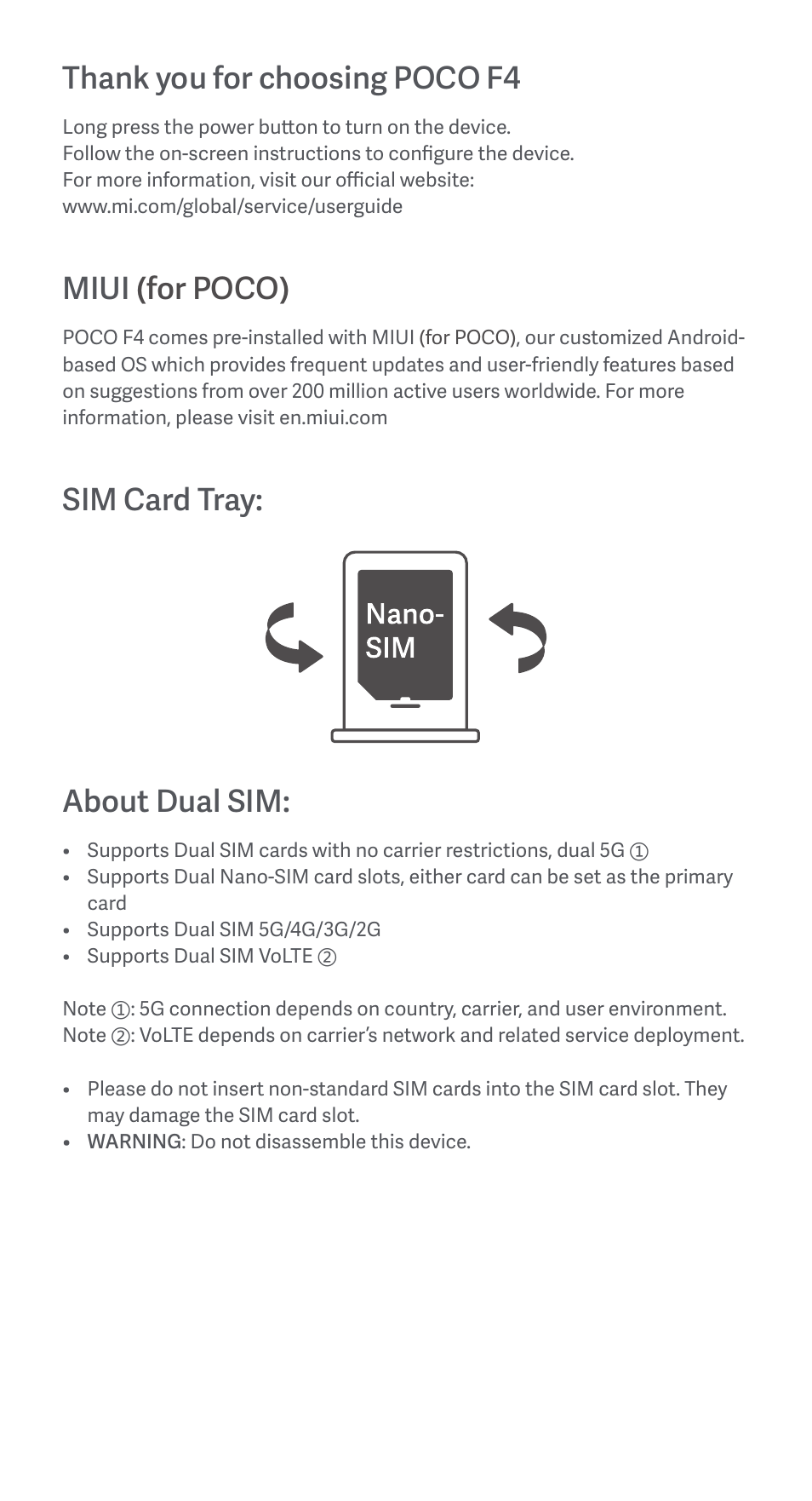 Miui (for poco), Sim card tray: about dual sim | Xiaomi POCO F4 User Manual | Page 3 / 26