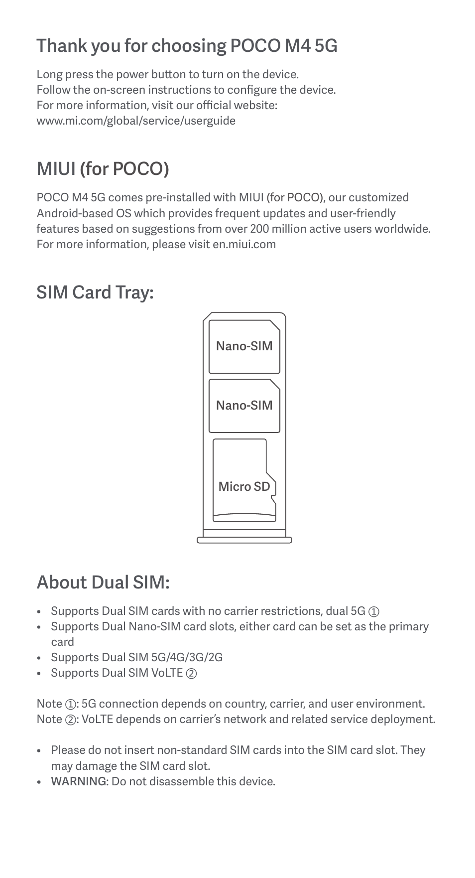 Miui (for poco), Sim card tray, About dual sim | Xiaomi POCO M4 5G User Manual | Page 4 / 28