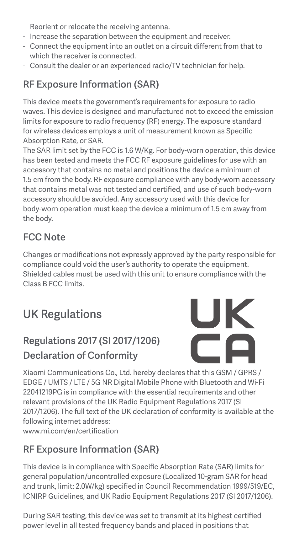 Uk regulations, Rf exposure information (sar) | Xiaomi POCO M4 5G User Manual | Page 9 / 28