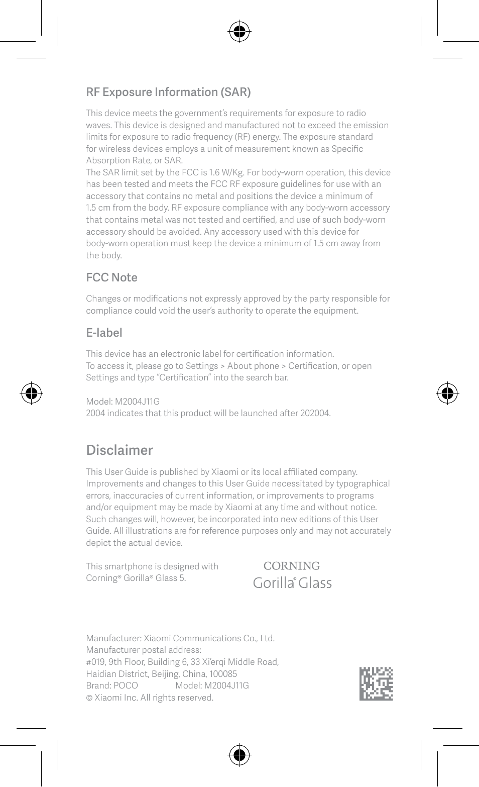 Disclaimer, Rf exposure information (sar), E-label | Xiaomi POCO F2 Pro User Manual | Page 8 / 8