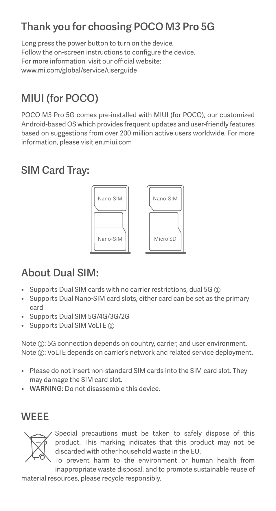 Miui (for poco), Sim card tray, About dual sim | Weee | Xiaomi POCO M3 Pro 5G User Manual | Page 3 / 24