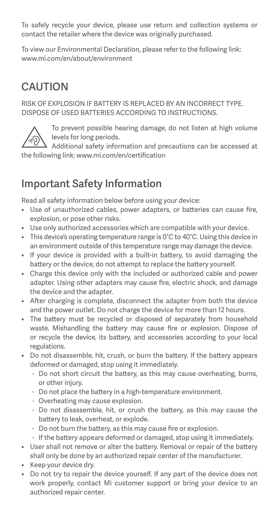 Caution, Important safety information | Xiaomi POCO M3 Pro 5G User Manual | Page 4 / 24