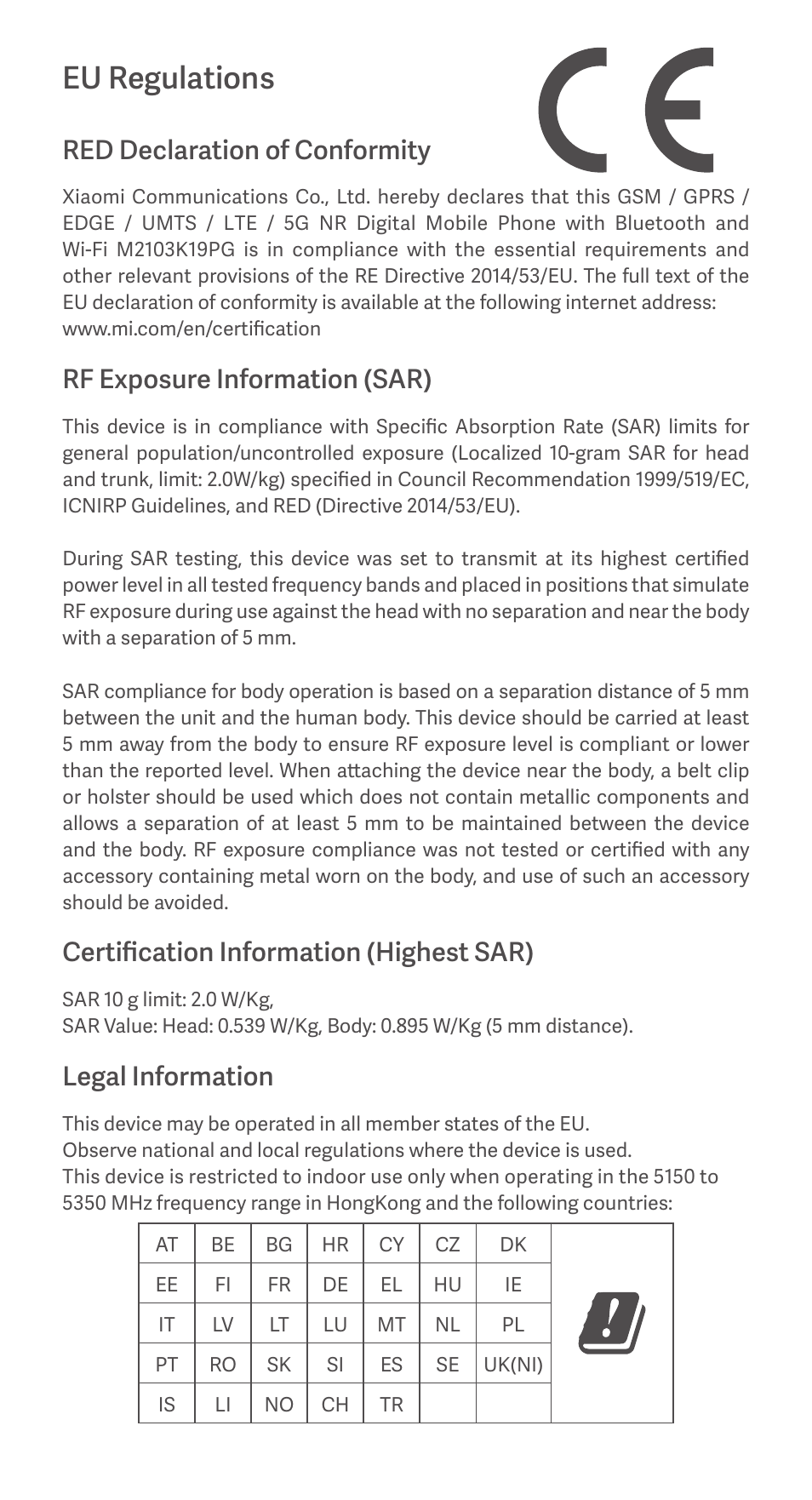 Eu regulations, Red declaration of conformity, Rf exposure information (sar) | Certification information (highest sar), Legal information | Xiaomi POCO M3 Pro 5G User Manual | Page 6 / 24