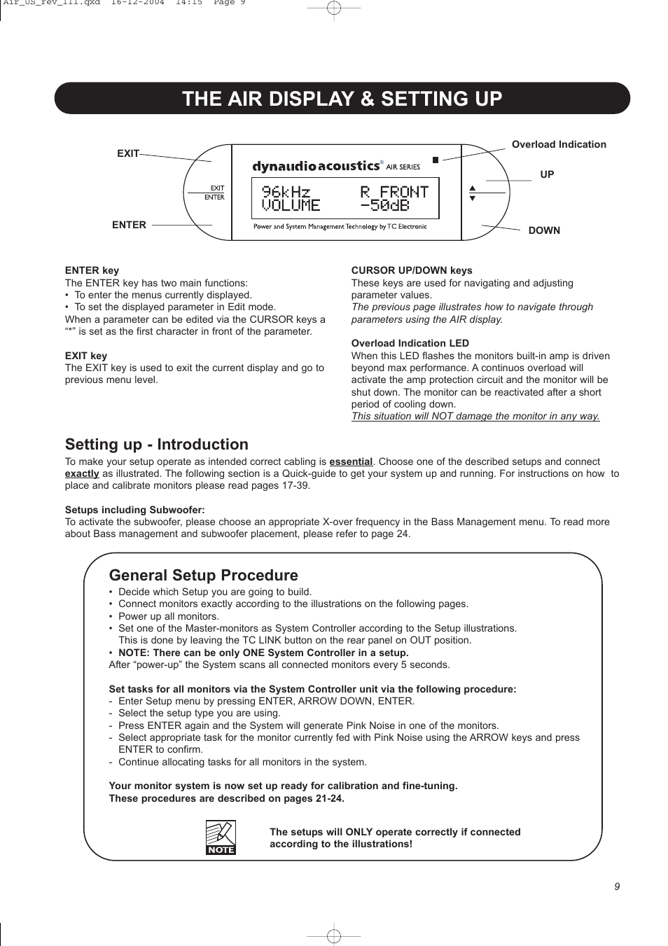 The air display & setting up, Setting up - introduction, General setup procedure | Dynaudio pmn User Manual | Page 11 / 60