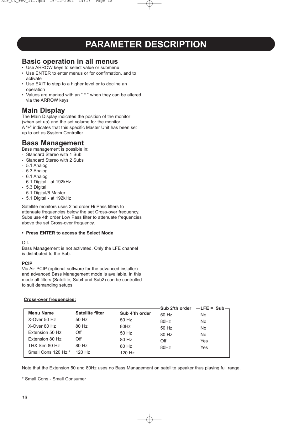 Parameter description, Basic operation in all menus, Main display | Bass management | Dynaudio pmn User Manual | Page 20 / 60