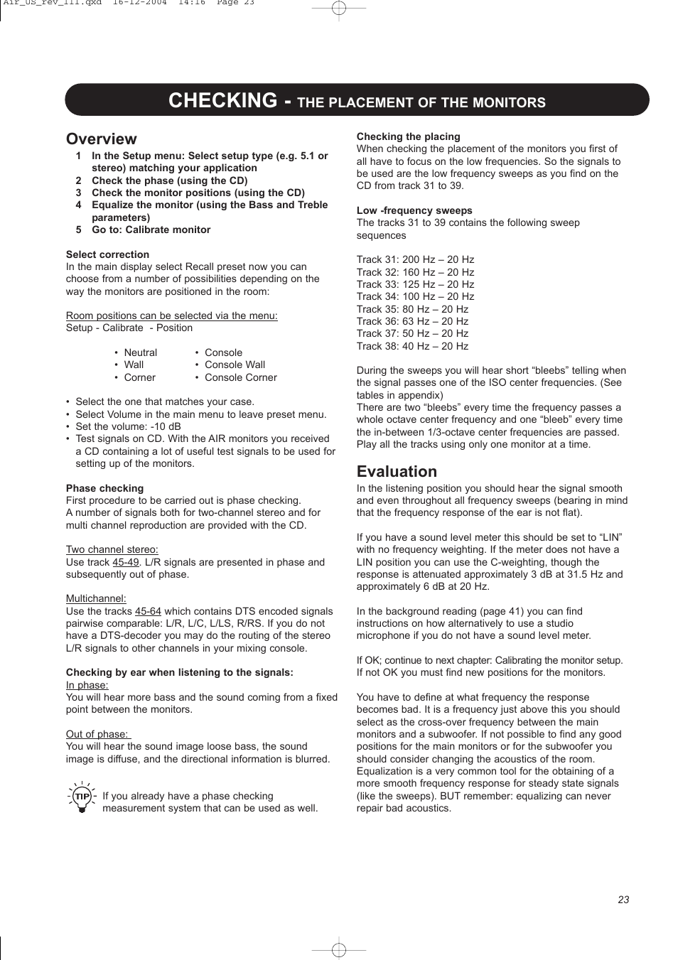 Checking, Overview, Evaluation | The placement of the monitors | Dynaudio pmn User Manual | Page 25 / 60