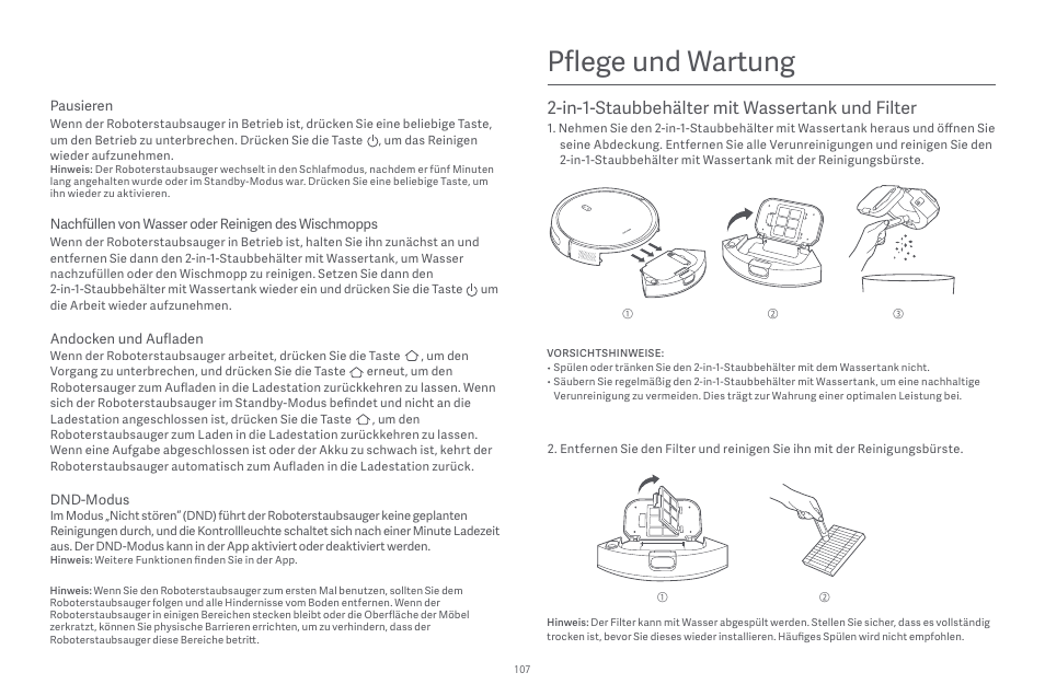 Pflege und wartung, In-1-staubbehälter mit wassertank und filter | Xiaomi Robot Vacuum E10 User Manual | Page 108 / 438