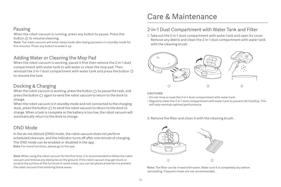 Care & maintenance, In-1 dust compartment with water tank and filter, Pausing | Adding water or cleaning the mop pad, Docking & charging, Dnd mode | Xiaomi Robot Vacuum E10 User Manual | Page 11 / 438