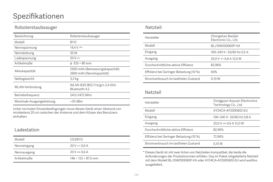 Spezifikationen, Roboterstaubsauger, Ladestation | Netzteil | Xiaomi Robot Vacuum E10 User Manual | Page 112 / 438