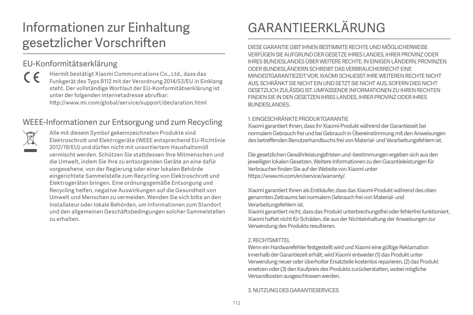 Garantieerklärung | Xiaomi Robot Vacuum E10 User Manual | Page 113 / 438