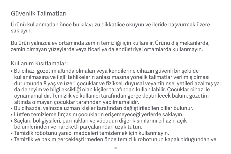 Güvenlik talimatları | Xiaomi Robot Vacuum E10 User Manual | Page 115 / 438