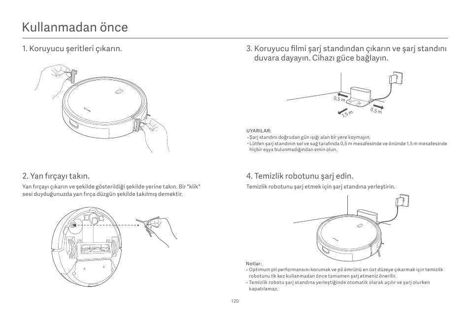 Kullanmadan önce, Yan fırçayı takın | Xiaomi Robot Vacuum E10 User Manual | Page 121 / 438
