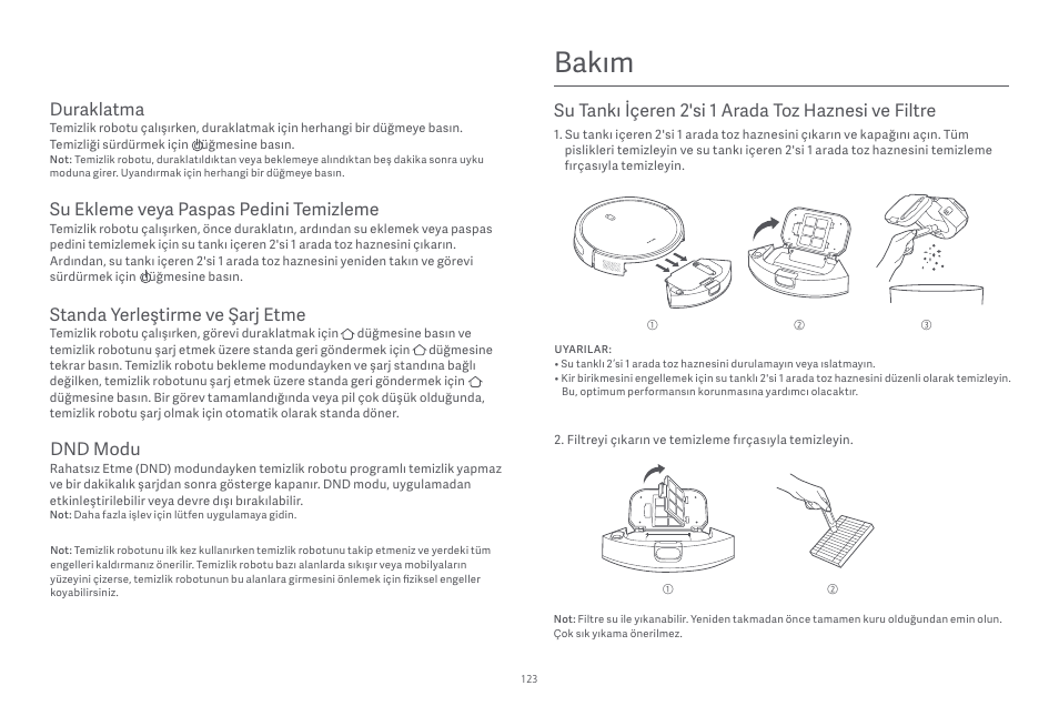 Bakım, Duraklatma, Su ekleme veya paspas pedini temizleme | Standa yerleştirme ve şarj etme, Dnd modu | Xiaomi Robot Vacuum E10 User Manual | Page 124 / 438