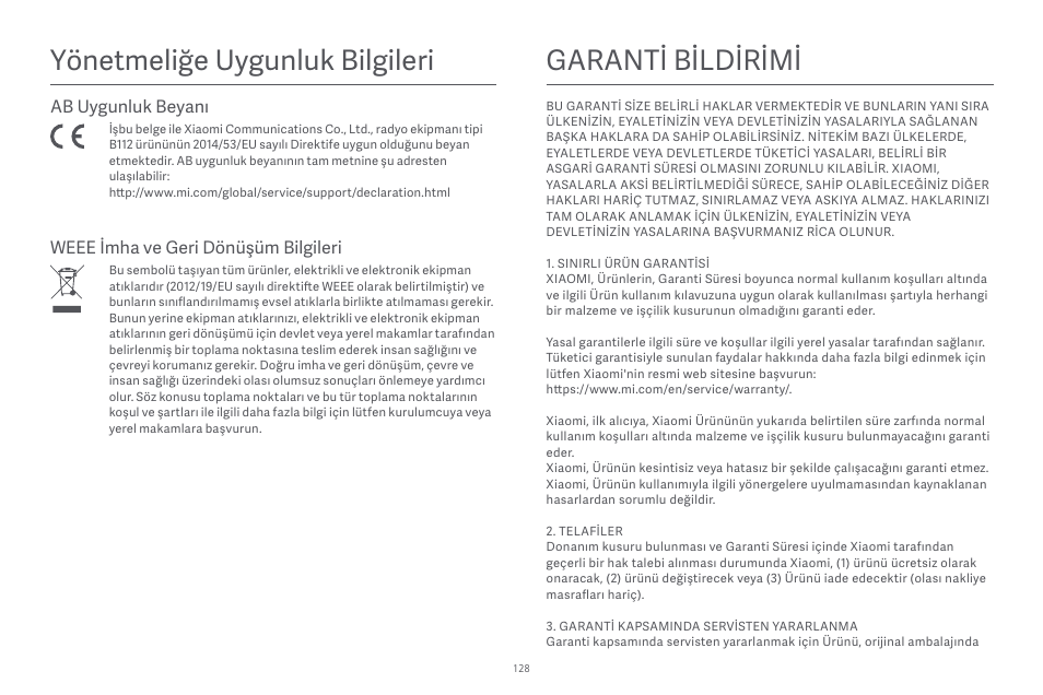 Yönetmeliğe uygunluk bilgileri, Garanti̇ bi̇ldi̇ri̇mi̇ | Xiaomi Robot Vacuum E10 User Manual | Page 129 / 438