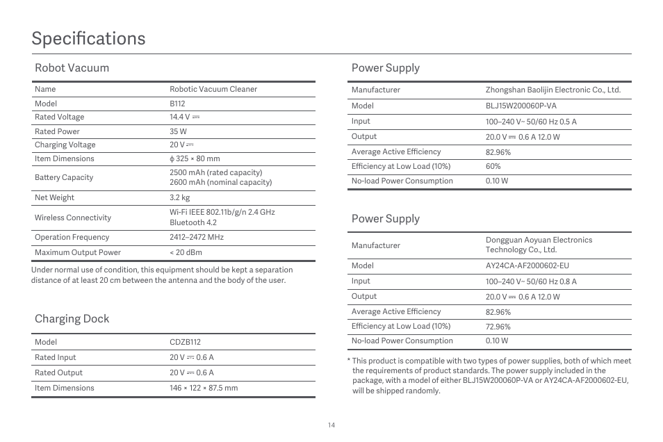 Specifications, Robot vacuum, Charging dock | Power supply | Xiaomi Robot Vacuum E10 User Manual | Page 15 / 438