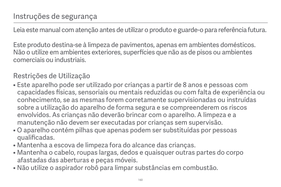 Instruções de segurança | Xiaomi Robot Vacuum E10 User Manual | Page 161 / 438